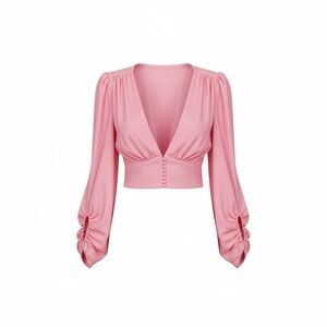 Signature8 Pink Deep V Crop Blouse with Puff Sleeves